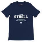 f111 merch navy color t-shirt with lance-stroll branding.