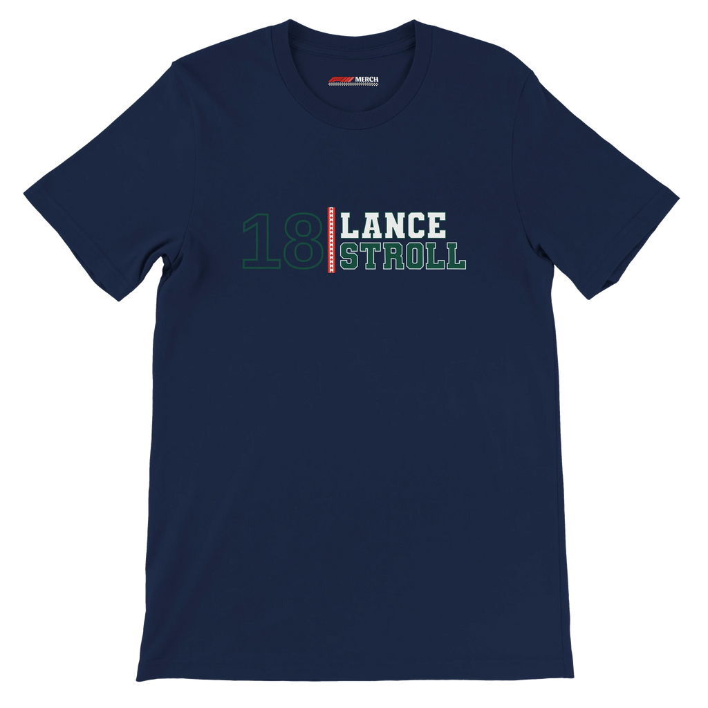 f111 merch navy color t-shirt with lance-stroll branding.
