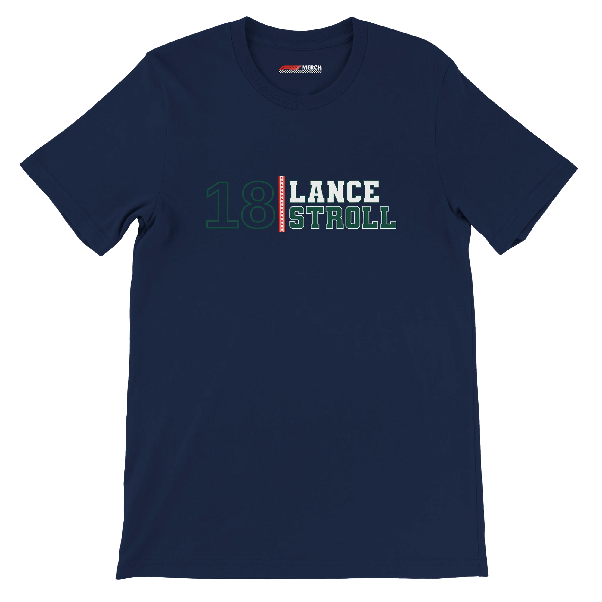 f111 merch navy color t-shirt with lance-stroll branding.