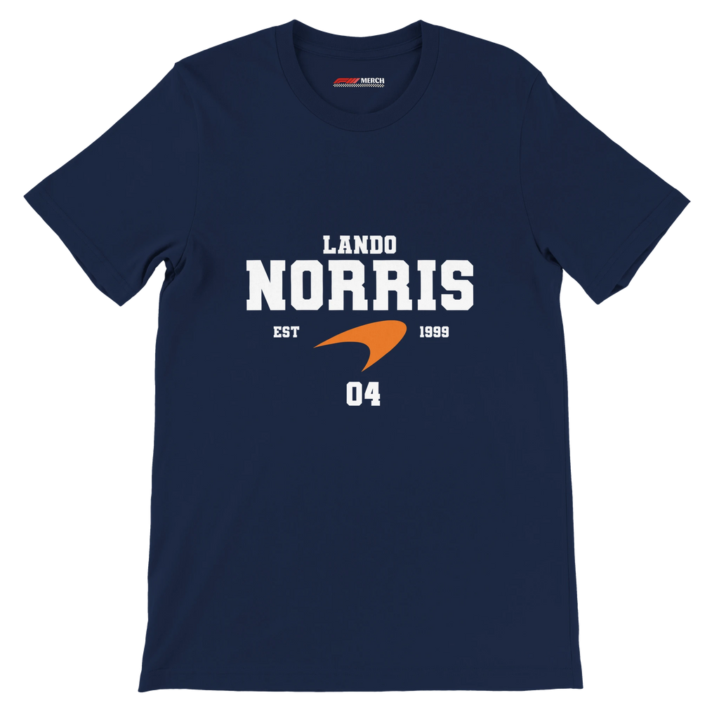 f111 merch navy color t-shirt with lando-norris branding.