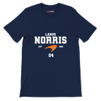 f111 merch navy color t-shirt with lando-norris branding.