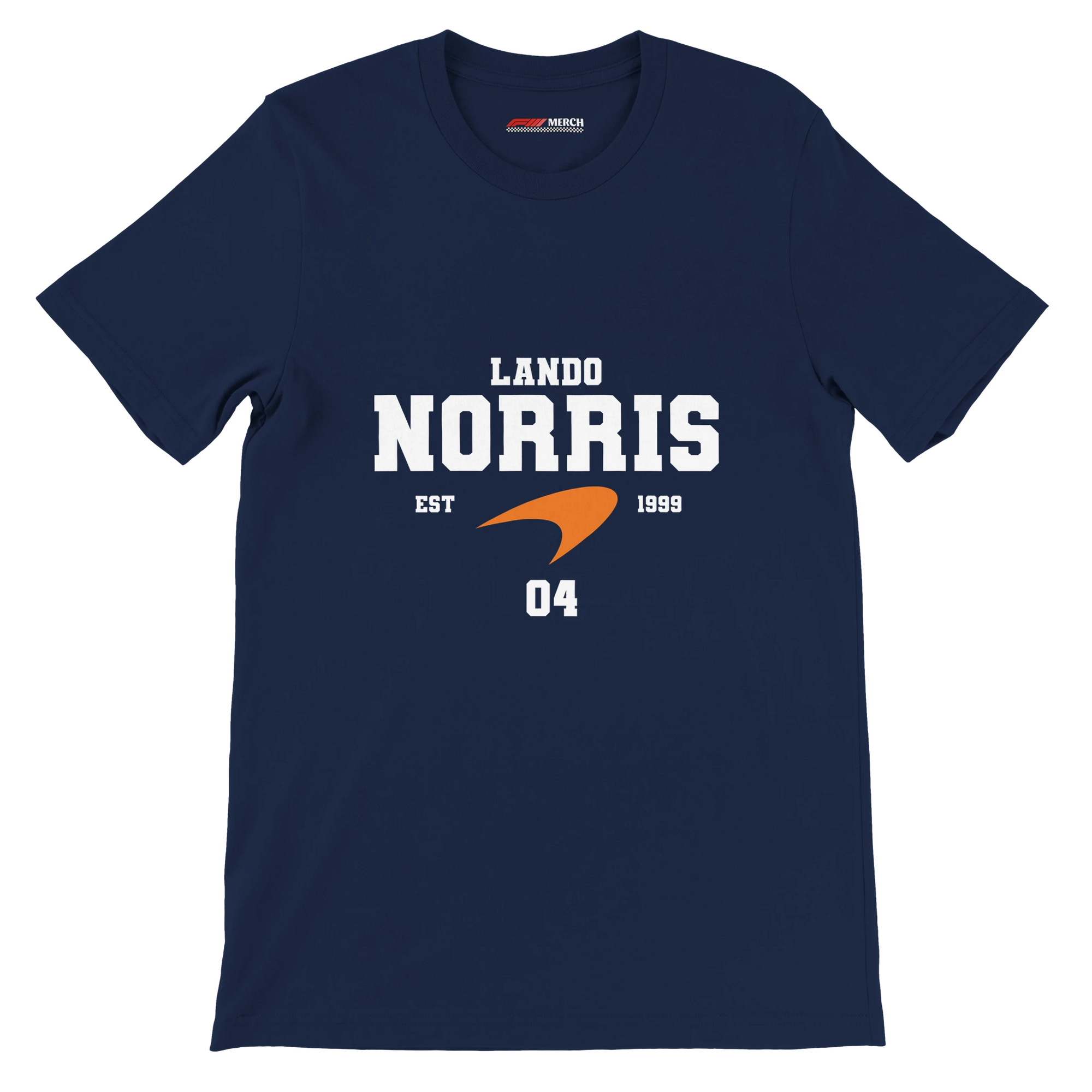 f111 merch navy color t-shirt with lando-norris branding.