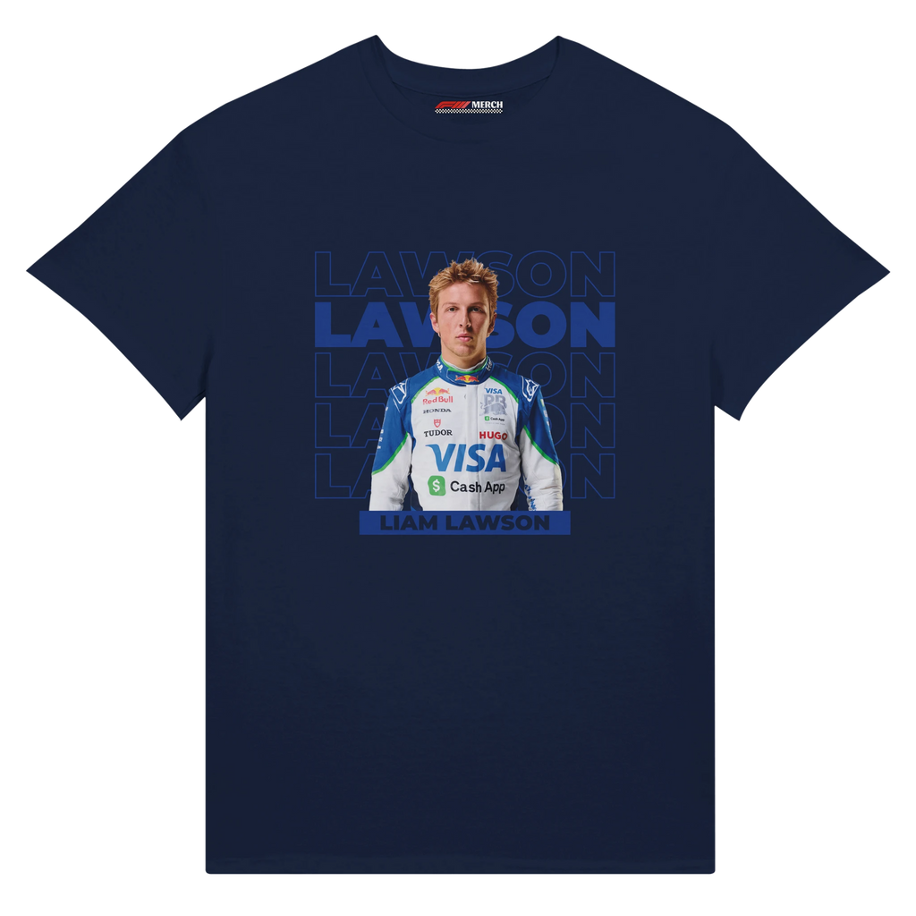 f111 merch navy color t-shirt with lawson branding.