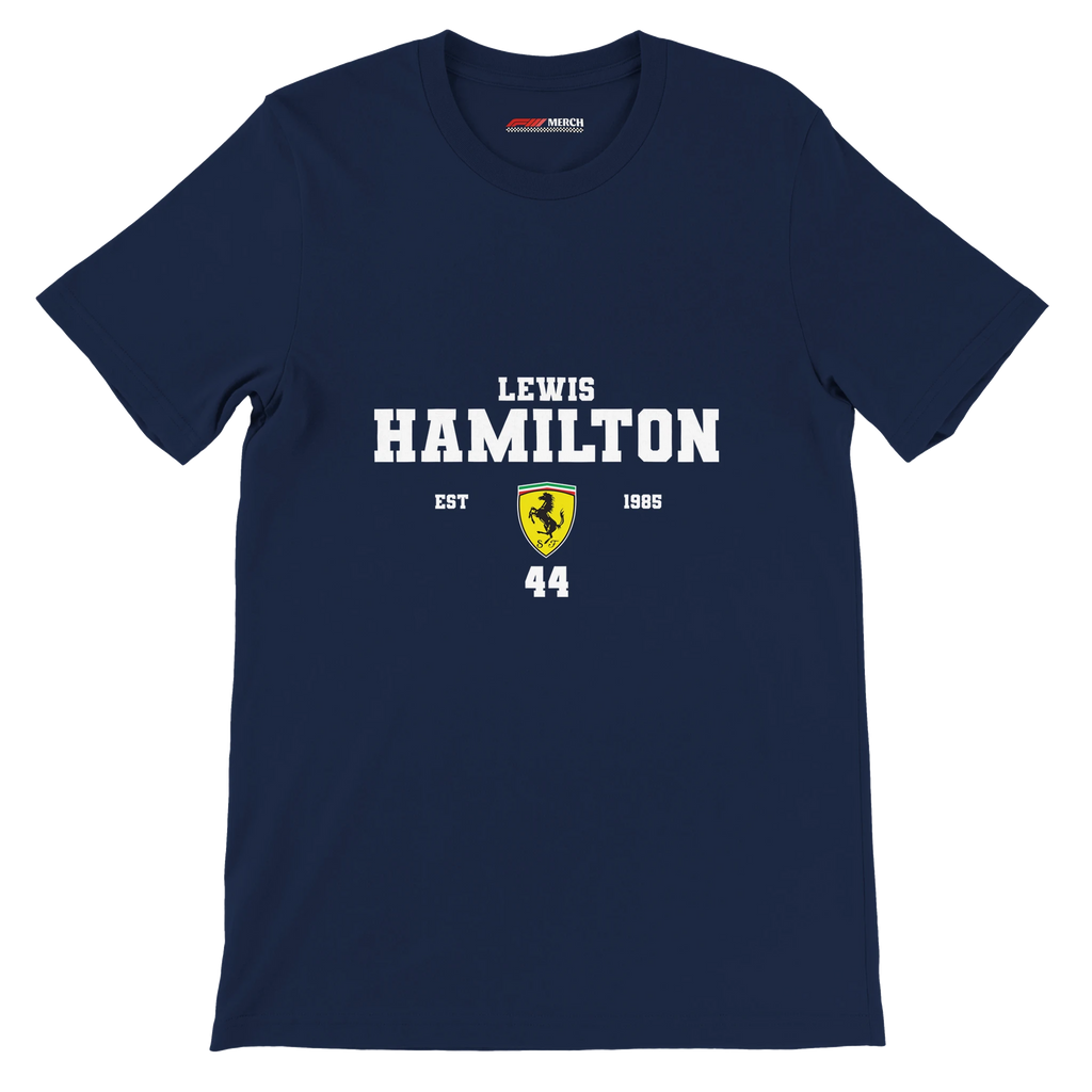 f111 merch navy color t-shirt with lewis-hamilton branding.