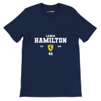 f111 merch navy color t-shirt with lewis-hamilton branding.
