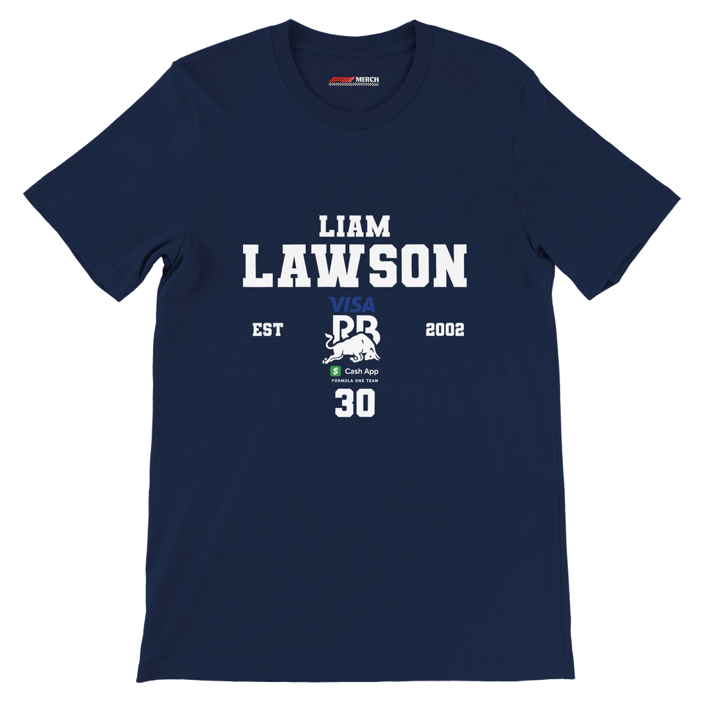f111 merch navy color t-shirt with liam-lawson branding.