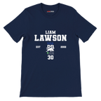 f111 merch navy color t-shirt with liam-lawson branding.
