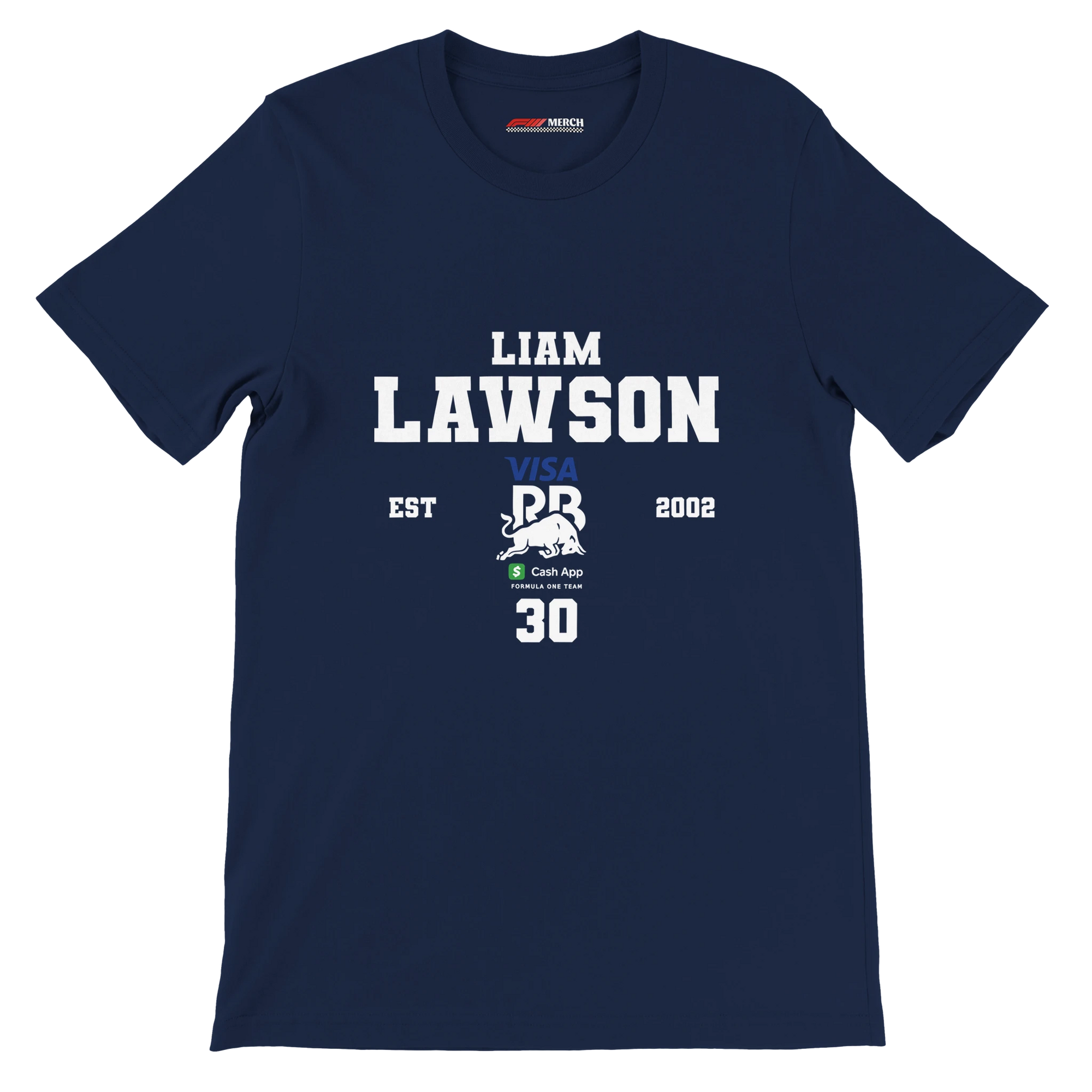 f111 merch navy color t-shirt with liam-lawson branding.