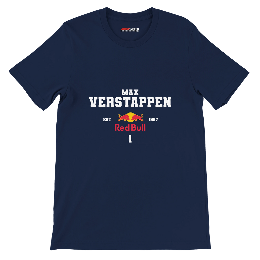 f111 merch navy color t-shirt with max-verstappen branding.