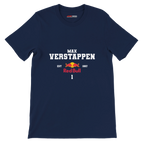 f111 merch navy color t-shirt with max-verstappen branding.