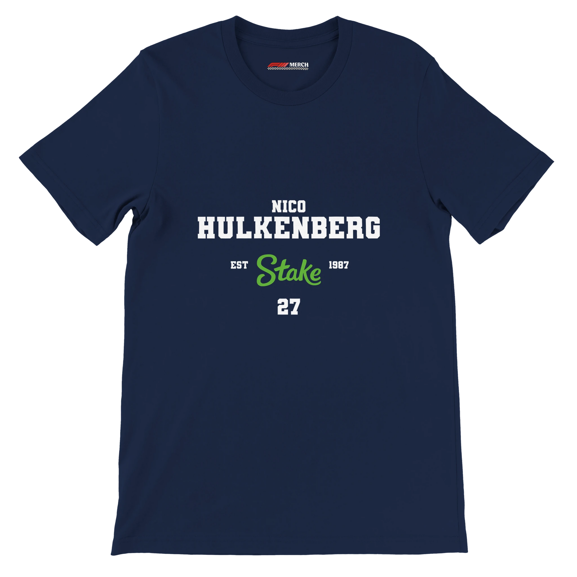 f111 merch navy color t-shirt with nico-hulkenberg branding.