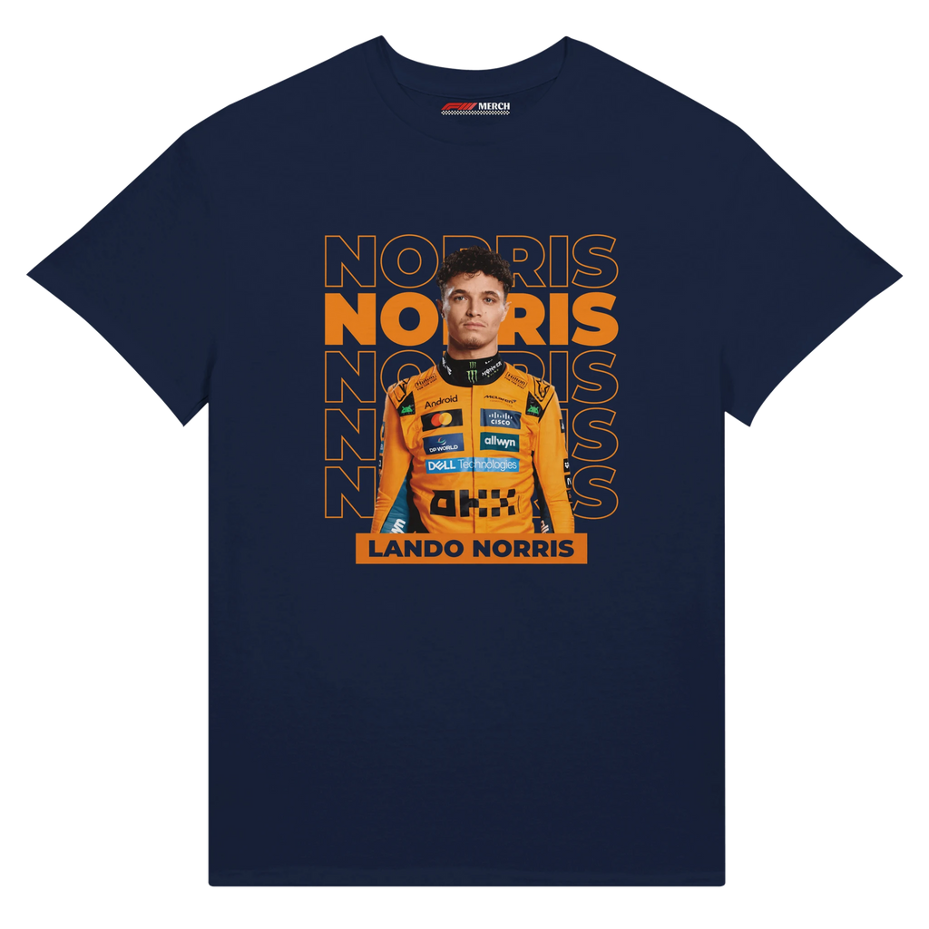 f111 merch navy color t-shirt with norris branding.