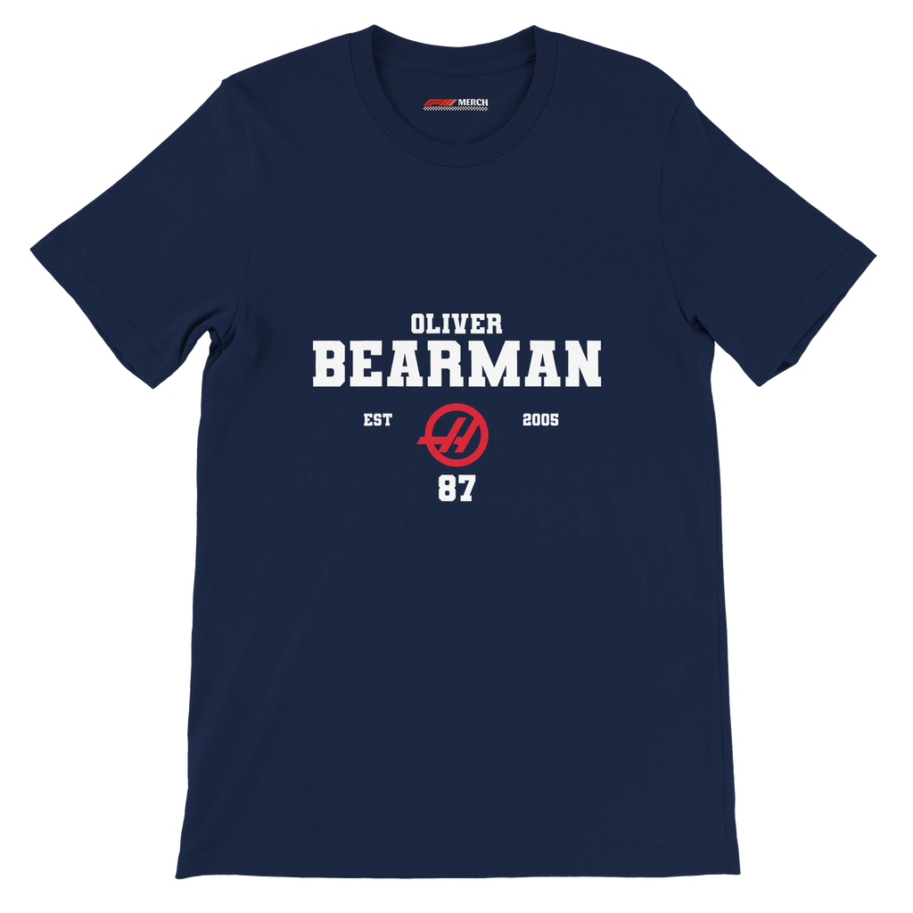 f111 merch navy color t-shirt with oliver-bearman branding.