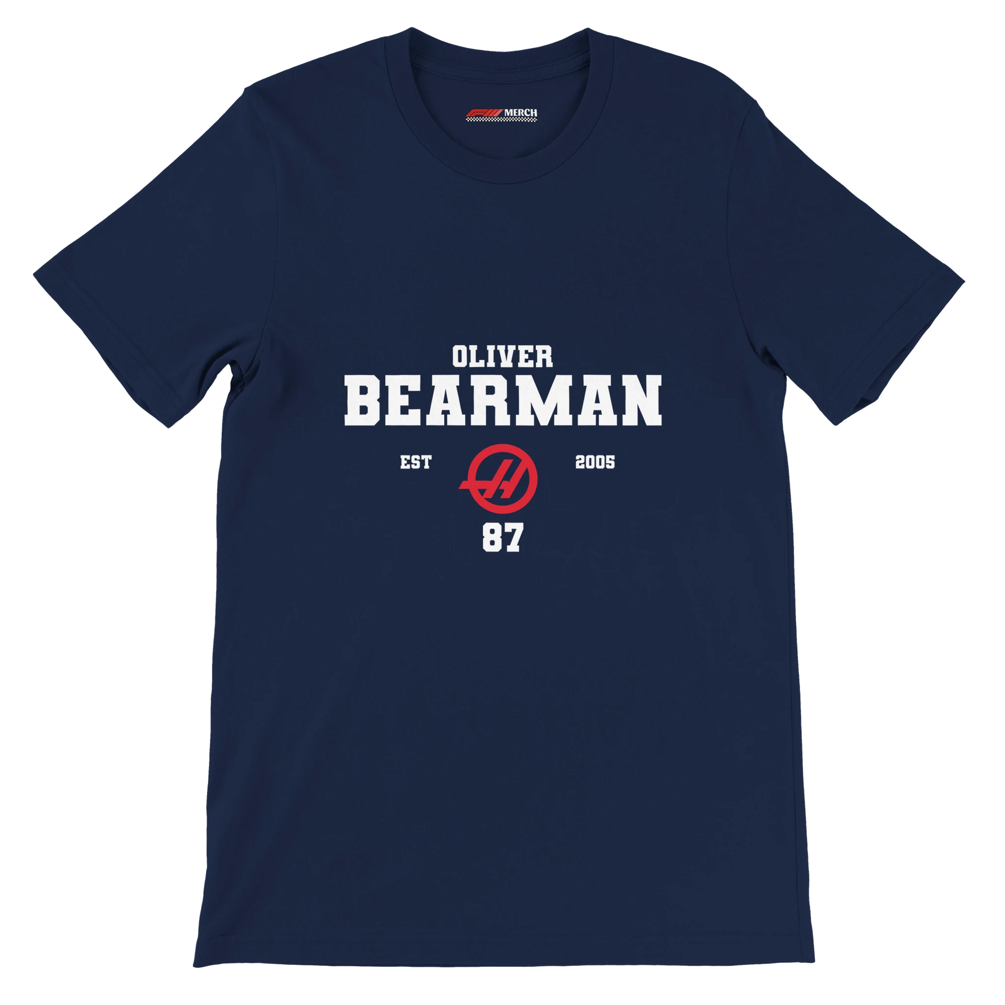 f111 merch navy color t-shirt with oliver-bearman branding.