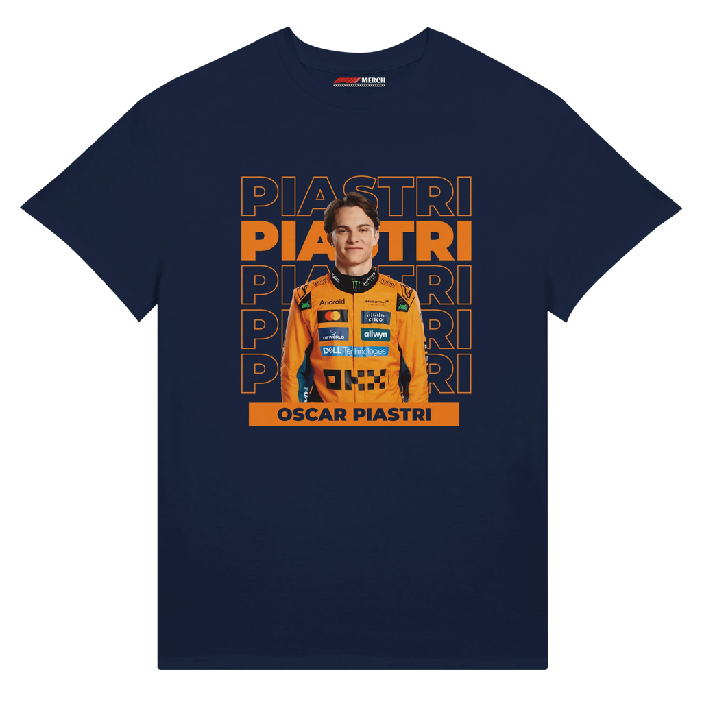 f111 merch navy color t-shirt with piastri branding.