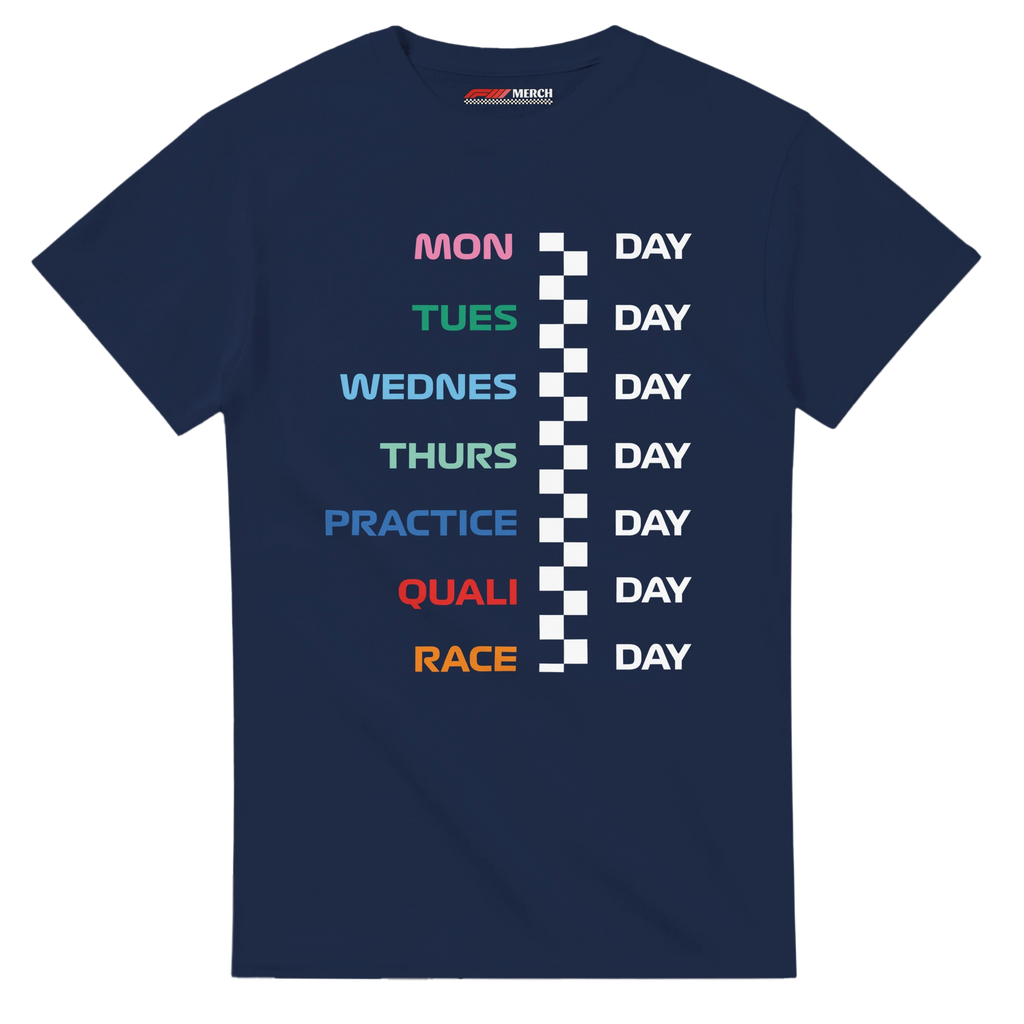 f111 merch navy color t-shirt with race_week branding.