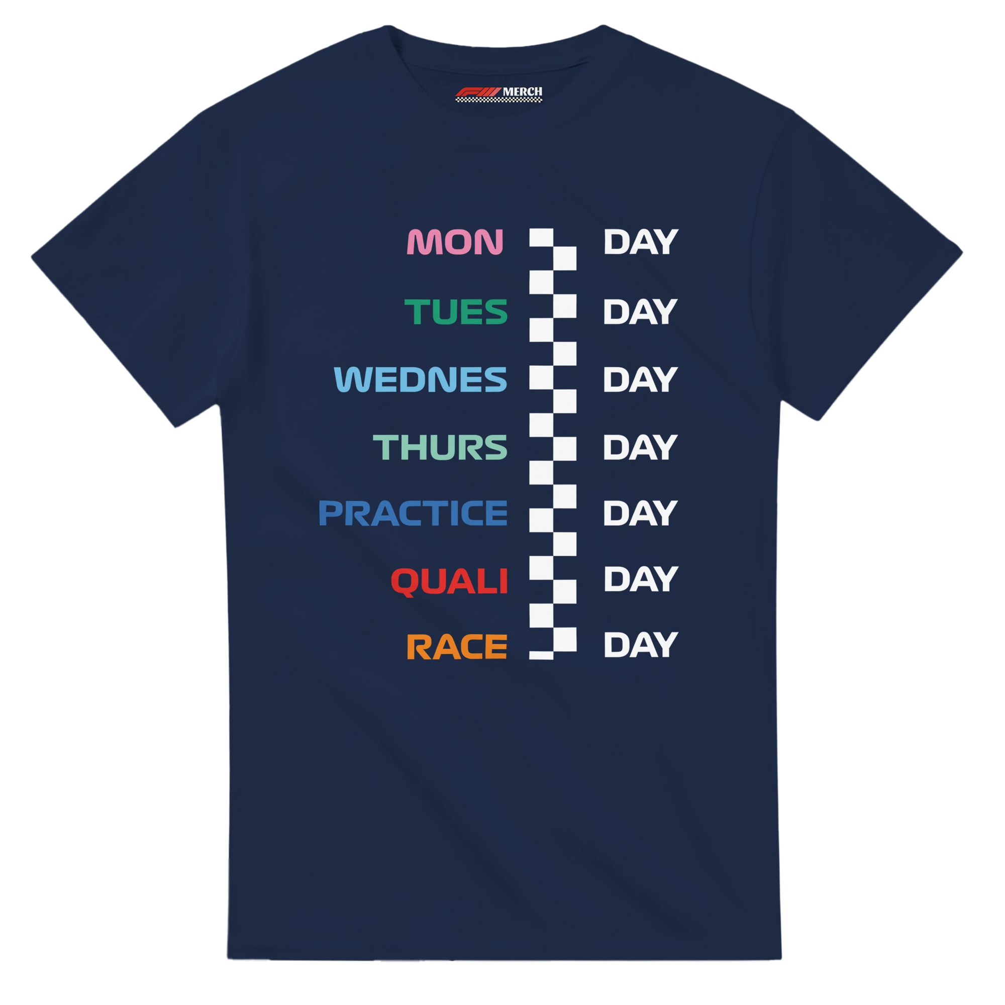 f111 merch navy color t-shirt with race_week branding.