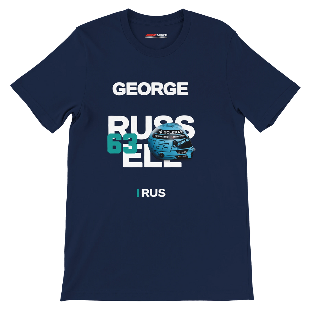 f111 merch navy color t-shirt with russell branding.