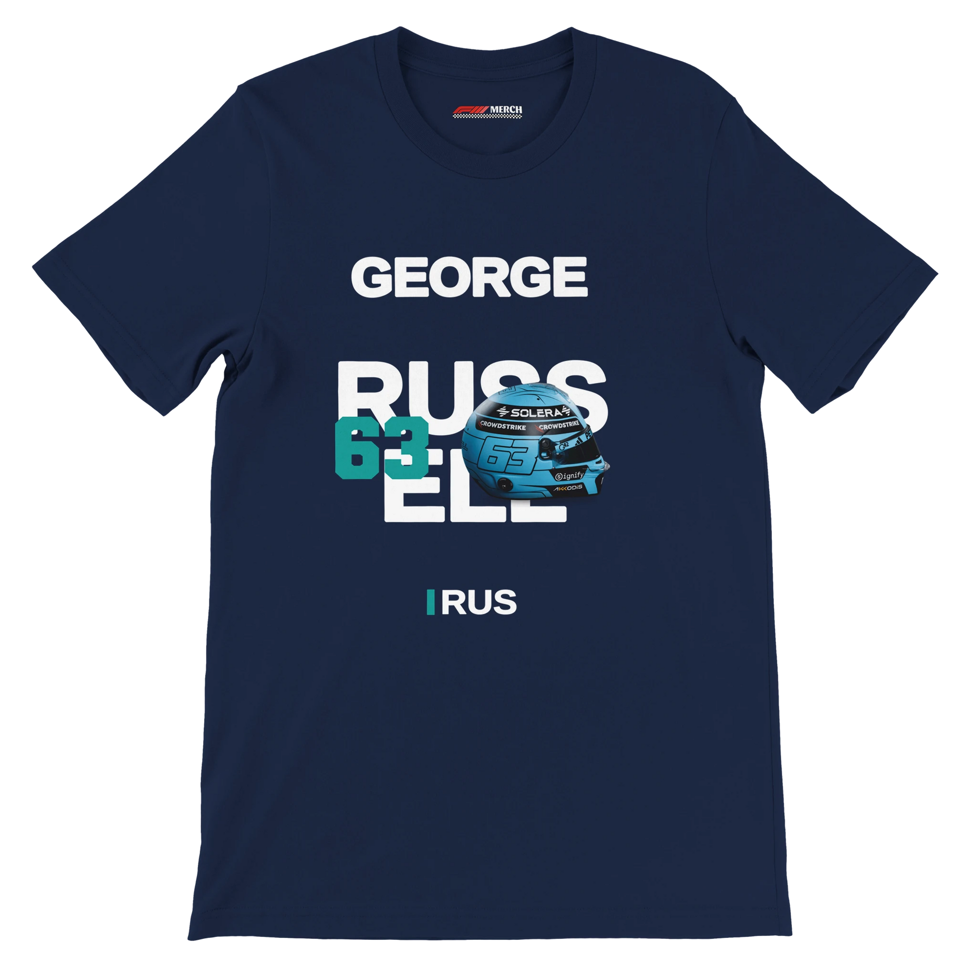f111 merch navy color t-shirt with russell branding.