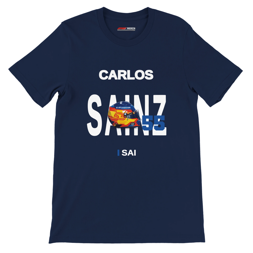 f111 merch navy color t-shirt with sainz branding.