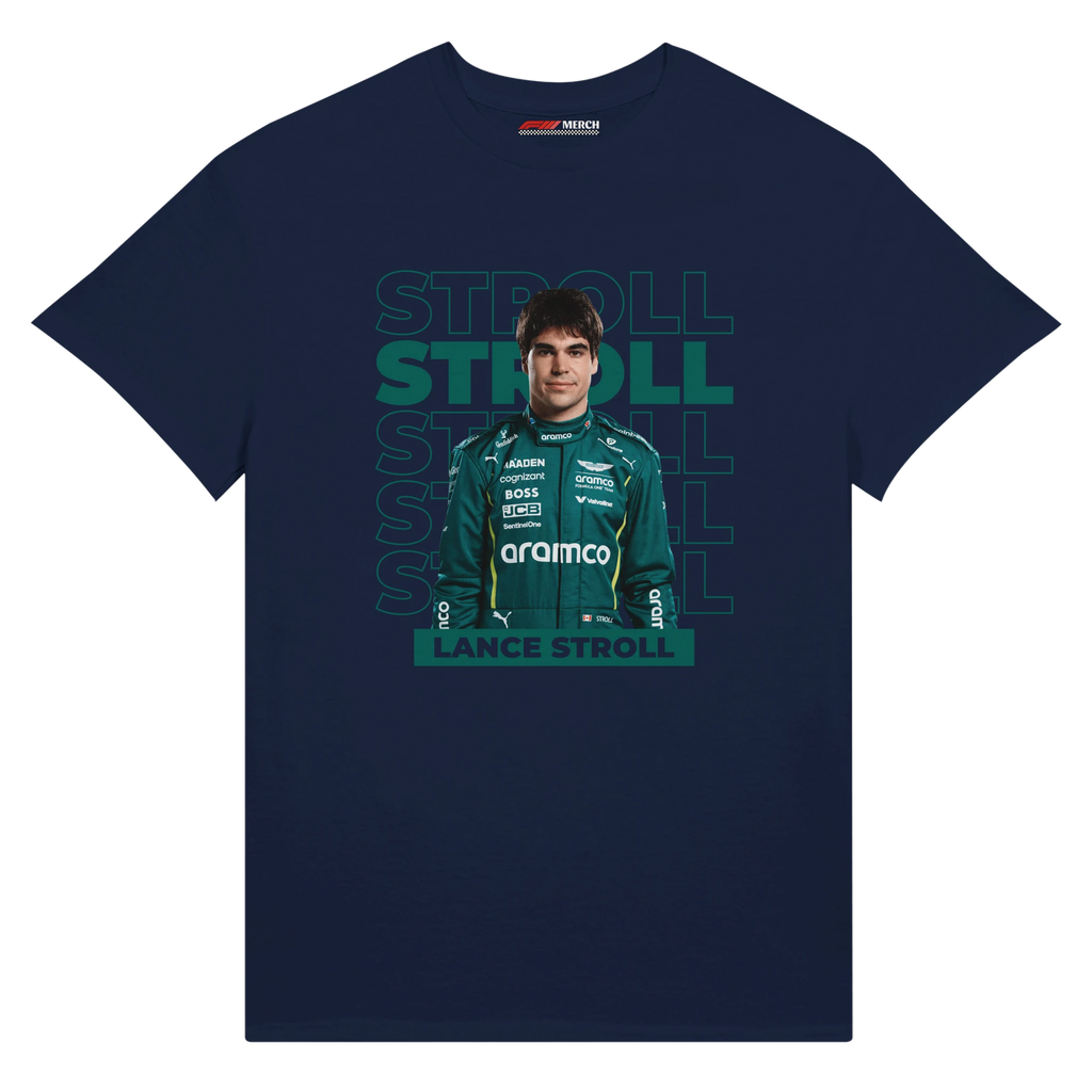 f111 merch navy color t-shirt with stroll branding.