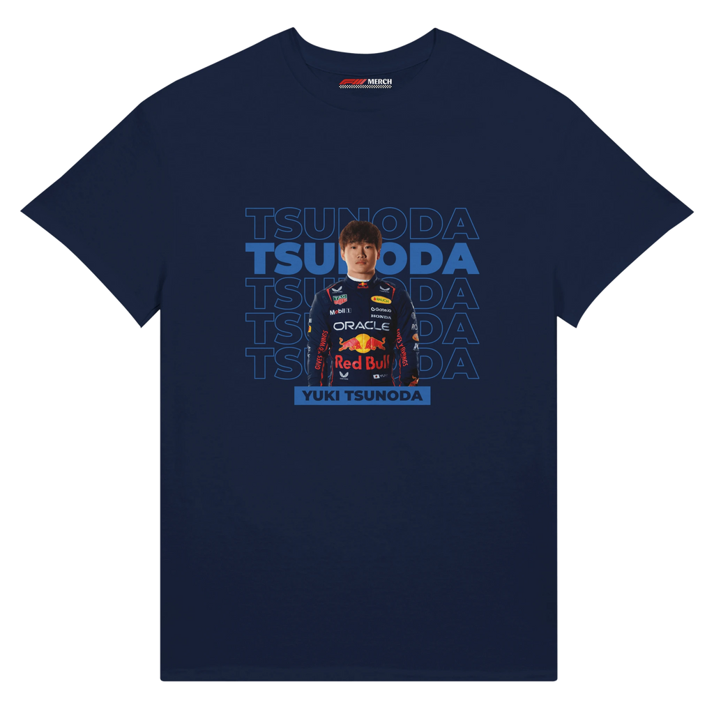 f111 merch navy color t-shirt with tsunoda branding.