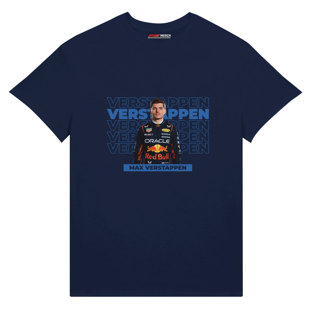 f111 merch navy color t-shirt with verstappen branding.