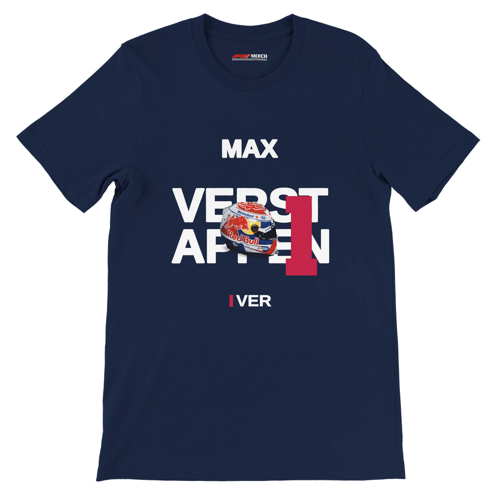f111 merch navy color t-shirt with verstappen branding.