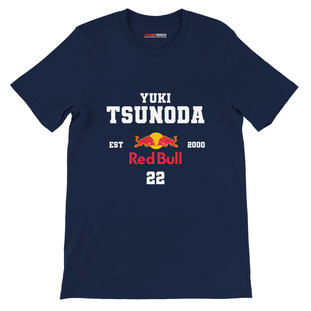 f111 merch navy color t-shirt with yuki-tsunoda branding.