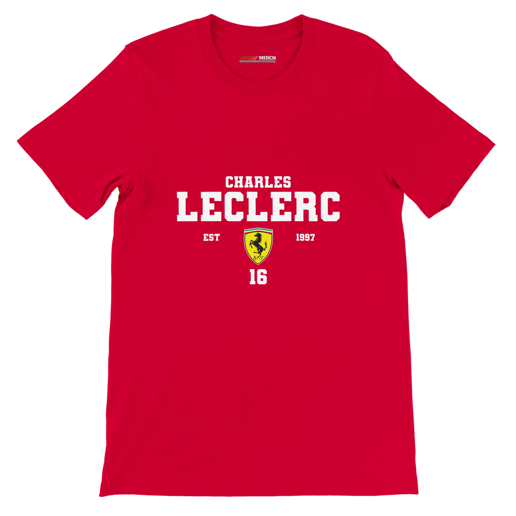 f111 merch red color t-shirt with charles-leclerc branding.