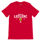 f111 merch red color t-shirt with charles-leclerc branding.