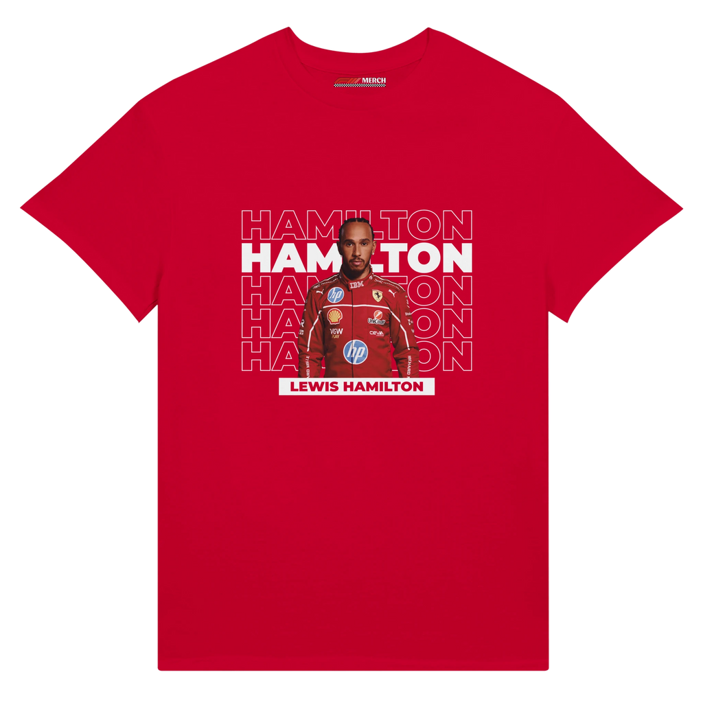 f111 merch red color t-shirt with hamilton branding.