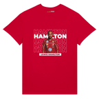 f111 merch red color t-shirt with hamilton branding.