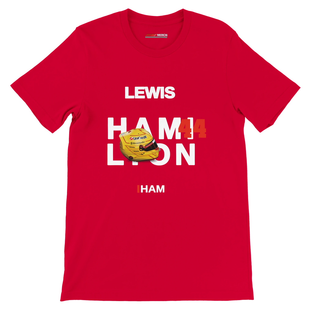 f111 merch red color t-shirt with hamilton branding.