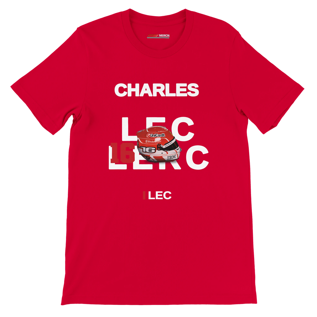 f111 merch red color t-shirt with leclerc branding.