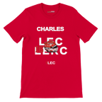 f111 merch red color t-shirt with leclerc branding.