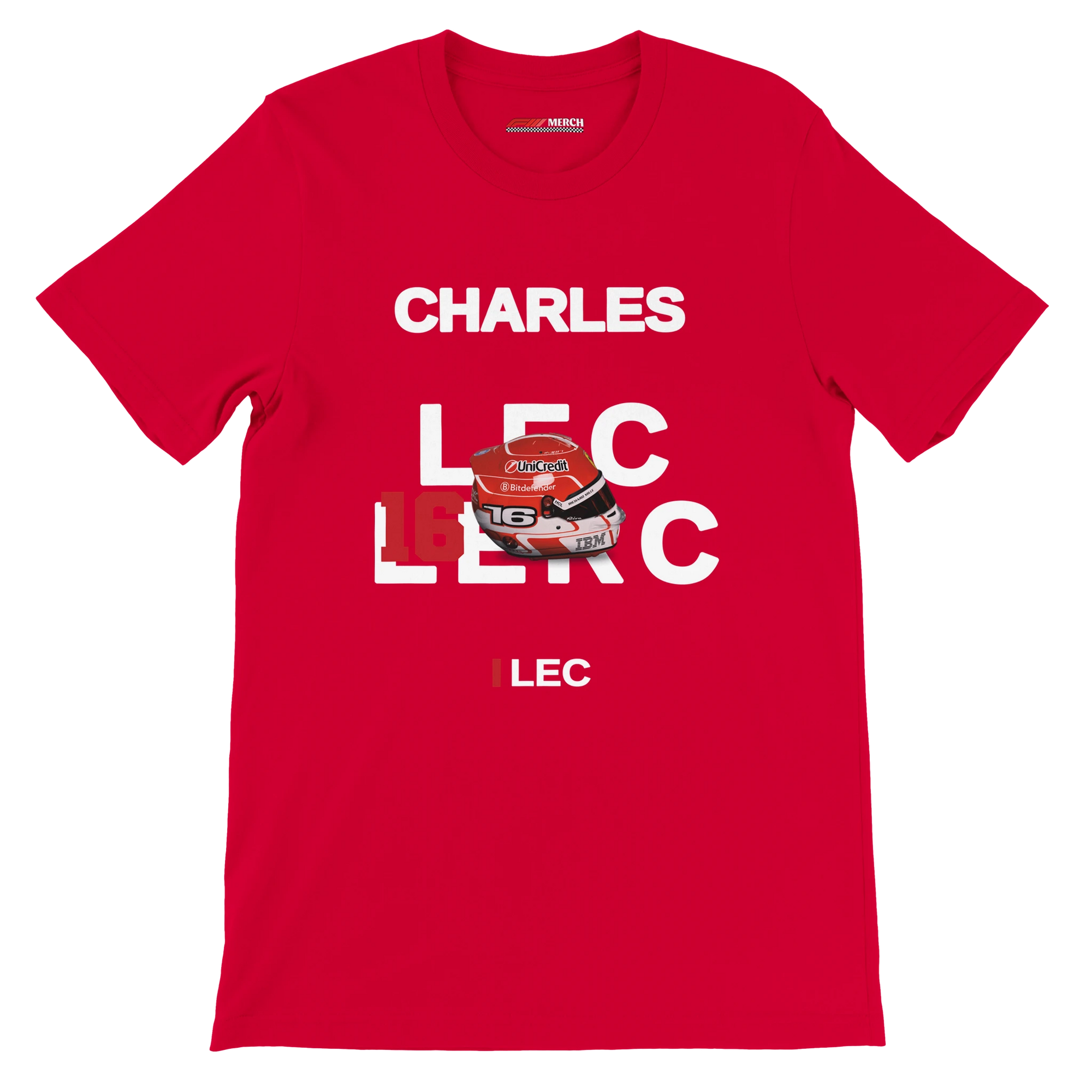 f111 merch red color t-shirt with leclerc branding.