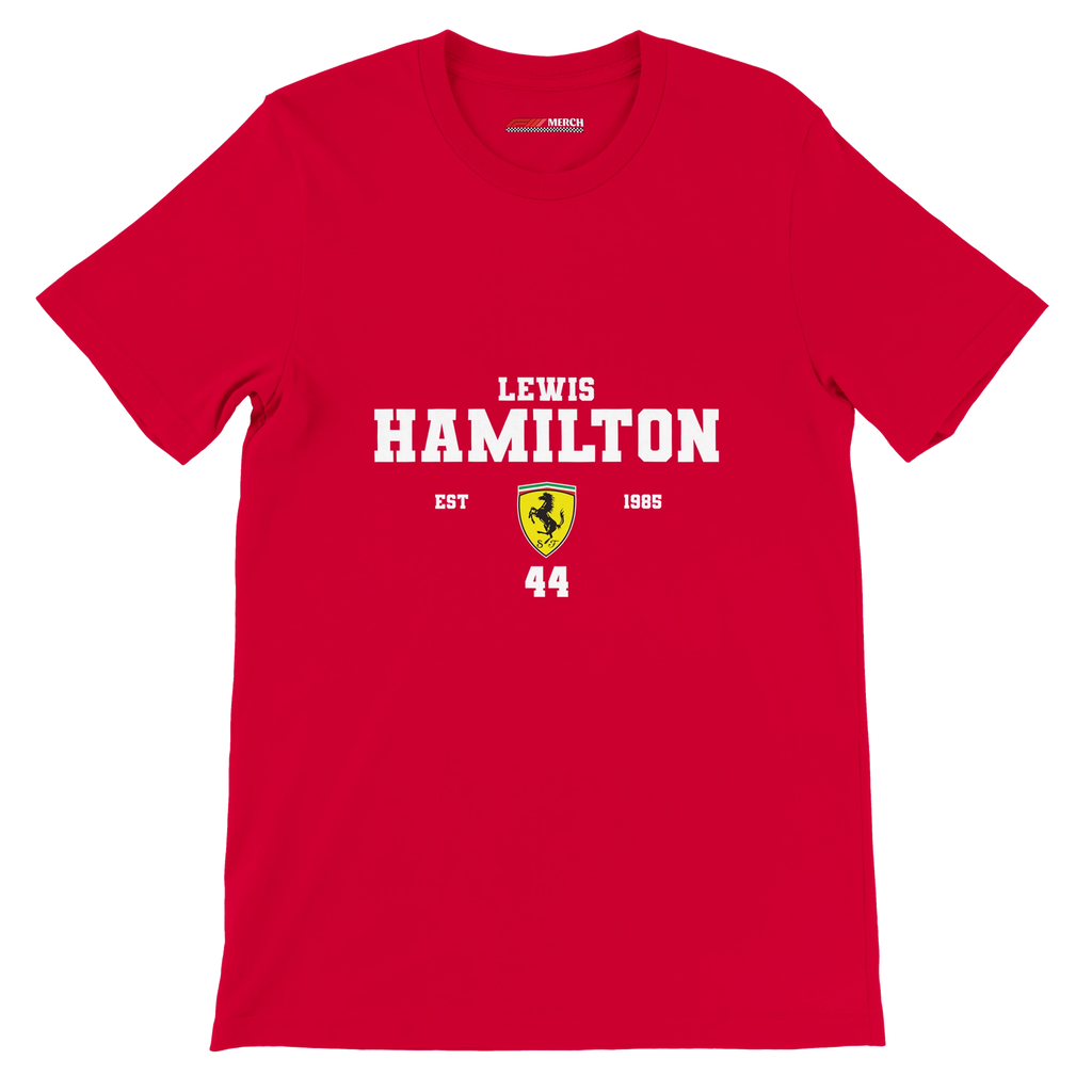 f111 merch red color t-shirt with lewis-hamilton branding.