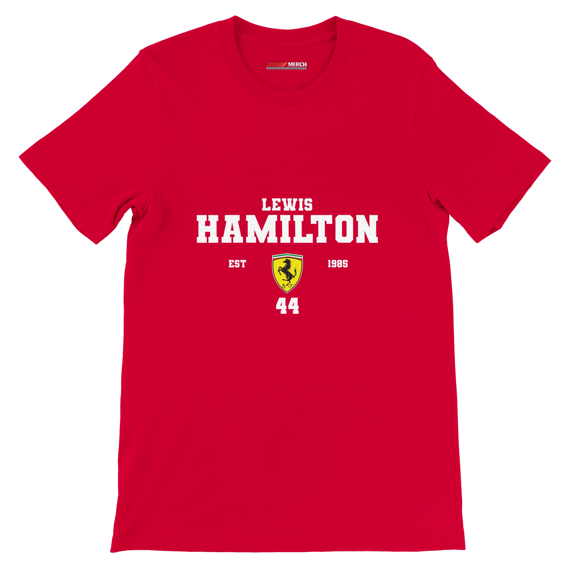 f111 merch red color t-shirt with lewis-hamilton branding.