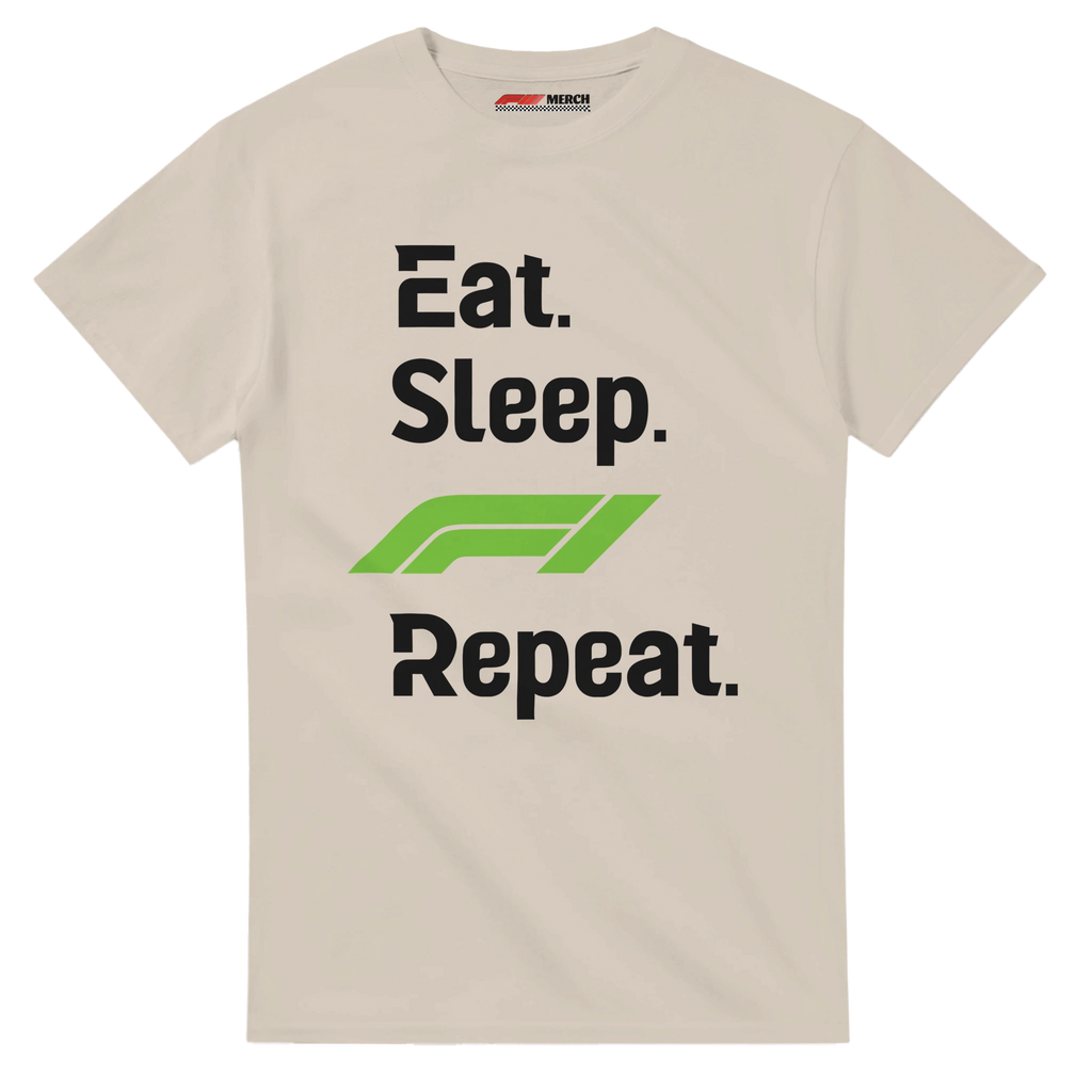 f111 merch sand color t-shirt with eat-sleep-f1-repeat-green branding.