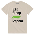 f111 merch sand color t-shirt with eat-sleep-f1-repeat-green branding.