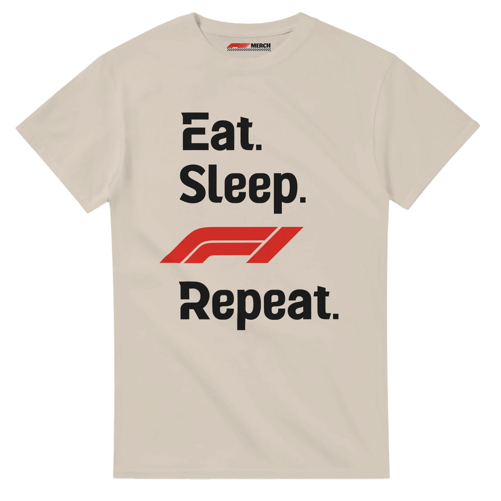 f111 merch sand color t-shirt with eat-sleep-f1-repeat-red branding.