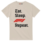 f111 merch sand color t-shirt with eat-sleep-f1-repeat-red branding.