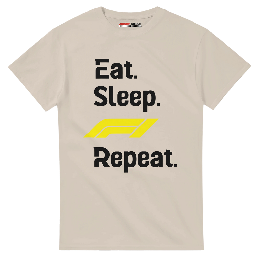 f111 merch sand color t-shirt with eat-sleep-f1-repeat-yellow branding.
