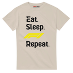 f111 merch sand color t-shirt with eat-sleep-f1-repeat-yellow branding.