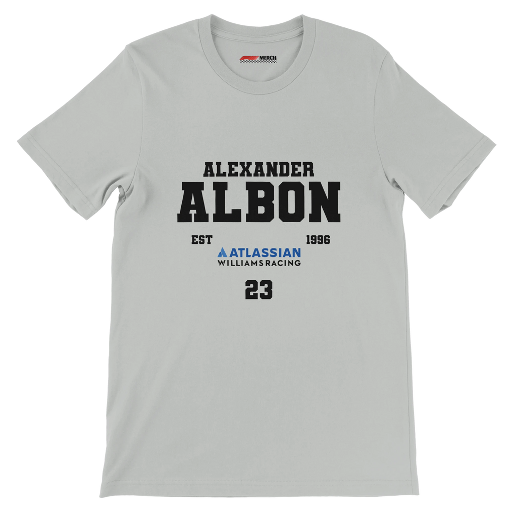 f111 merch silver color t-shirt with alex-albon branding.