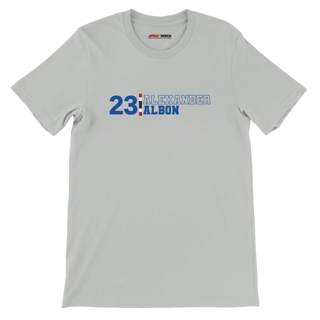 f111 merch silver color t-shirt with alex-albon branding.