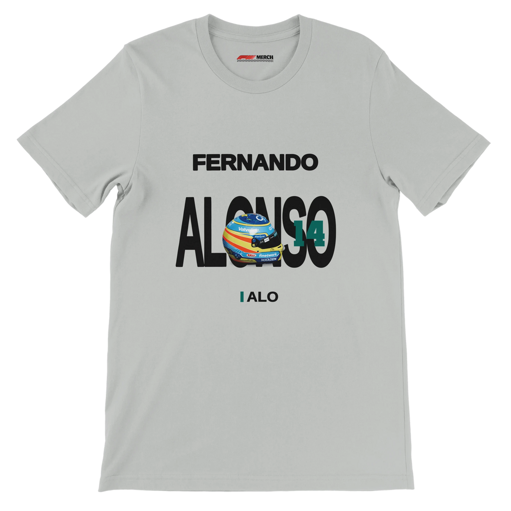 f111 merch silver color t-shirt with alonso branding.