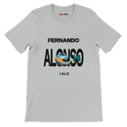 f111 merch silver color t-shirt with alonso branding.