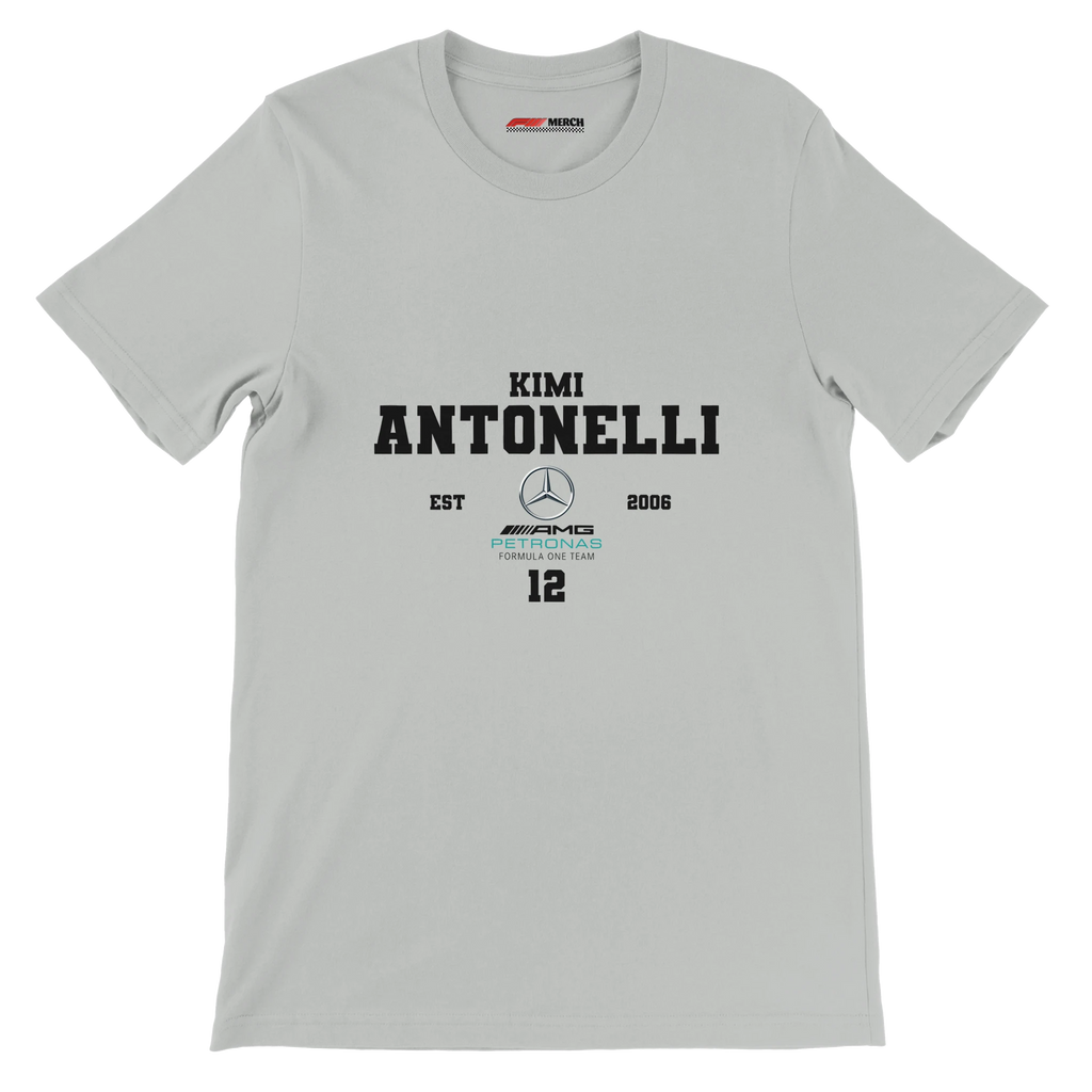 f111 merch silver color t-shirt with antonelli branding.
